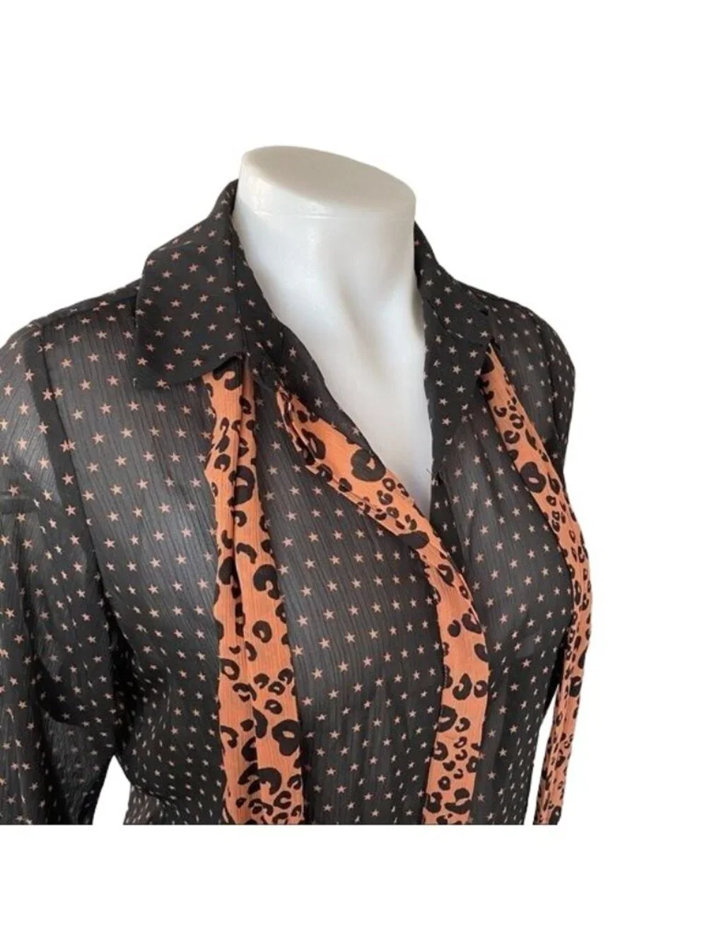 Scotch & Soda Maison Scotch Black Sheer Star Print Blouse With Leopard Print Acc - Picture 7 of 12